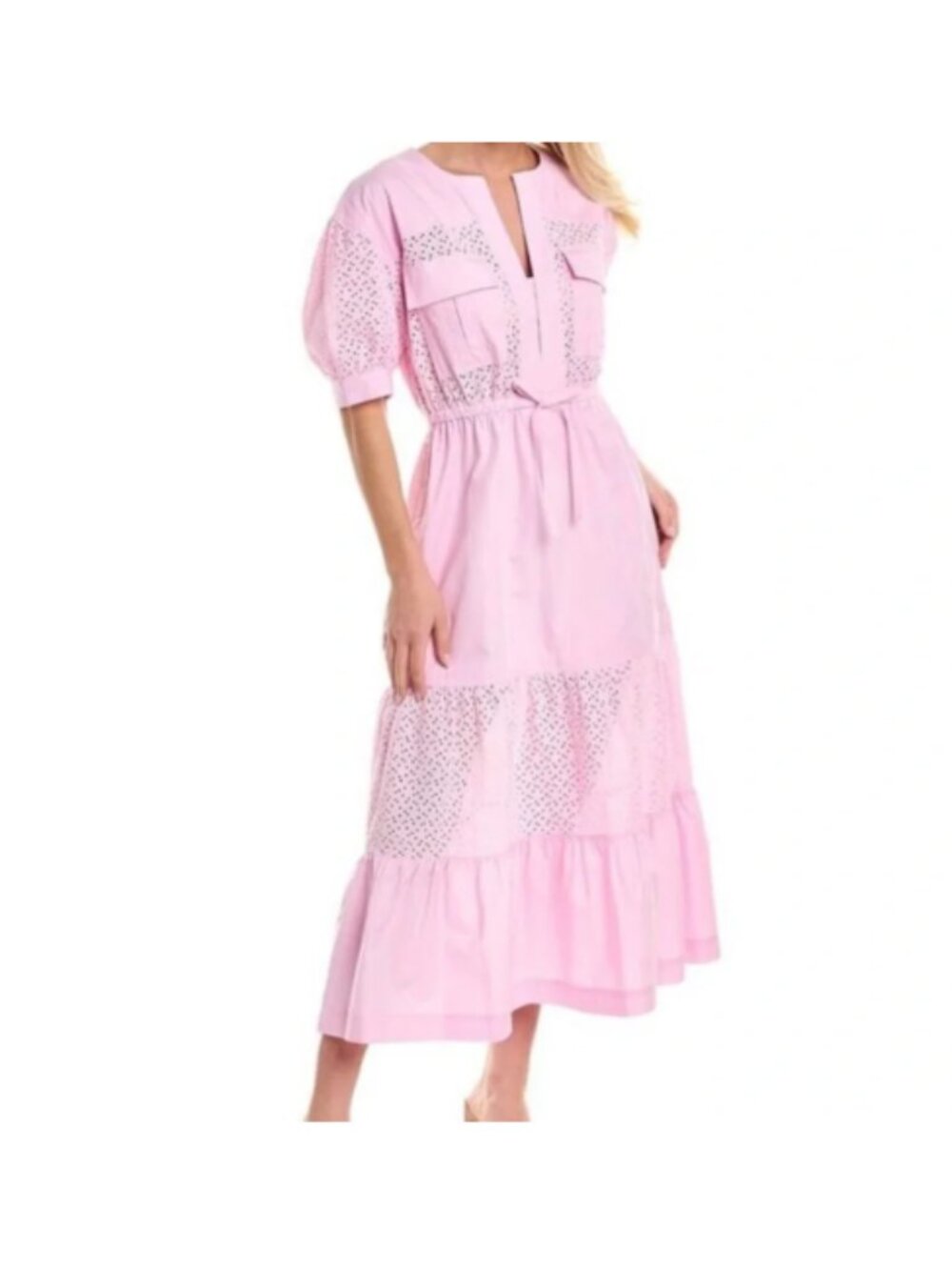 10 Crosby Derek Lam Pink Eyelet Tie-Waist Utility puff sleeve Midi Dress size 2